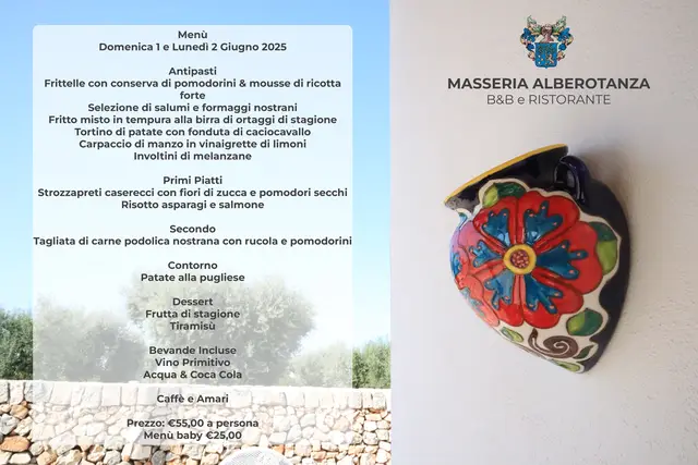 📅 01 e 02 Giugno 2025 🍽️ Vieni a scoprire il nostro Menu Speciale del Pranzo nella splendida cornice della Masseria Alberotanza! Gusto autentico, prodotti locali e atmosfera tipica pugliese ti aspettano per due giorni di puro piacere a tavola. 📍 Solo su prenotazione – Posti limitati! 📞 Chiama ora: 333 784 5113 🌿 Guarda l’immagine per il menu completo! #MasseriaAlberotanza #MenuGiugno #PranzoInMasseria #CucinaPugliese #AgriturismoPuglia #EventiInMasseria