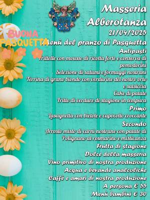 🌿 Pasquetta al Ristorante – 21 Aprile 2025 🌿 . Vivi la tradizione e i sapori autentici con il pranzo di Pasquetta al Ristorante Masseria Alberotanza! 🍽️✨ Un menu speciale (scoprilo nell’immagine!) con piatti genuini, ingredienti a km 0 e tutta la magia della nostra masseria. . 🥂 Relax, buon cibo e natura: il mix perfetto per una Pasquetta indimenticabile! . 📍 Prenota ora, posti limitati! 📞 Info & prenotazioni: 3337845113 . #Pasquetta2025 #Ristorante #PranzoDiPasquetta #FoodExperience #SaporiAutentici #conversano
